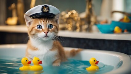 duck in the bath A comical kitten with a captain s hat, steering a boot boat through a bathtub sea, complete with rubber duckies  - obrazy, fototapety, plakaty