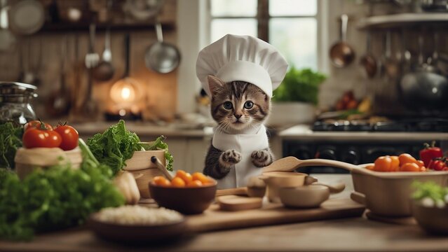 chef preparing food A humorous scene of a kitten with a tiny chef s hat and apron,  cooking in a miniature kitchen,  