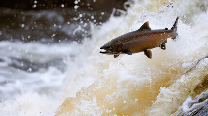 Fototapeta premium Salmon Leaping Upstream: A Dynamic Moment in Nature