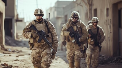 Fototapeta premium Squad on Patrol: Soldiers in Tactical Gear Walking through Deserted Area
