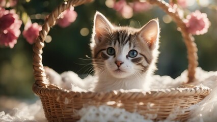 Fototapeta na wymiar kitten in basket An enchanting kitten adorned with a floral chaplet, lying comfortably in a cozy basket, 