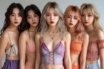 group of cute Korean girls posing in studio