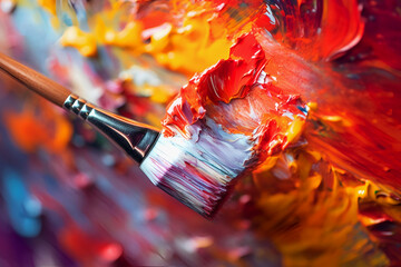 Brush smears paint on canvas. Immerse yourself in vibrant palette as paintbrush dips into rich tones of red, yellow and more, evoking sense of creativity and visual pleasure