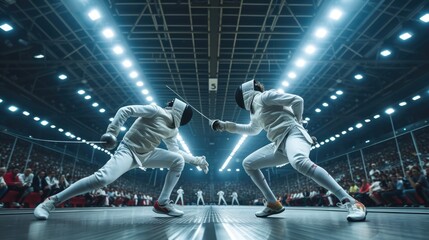 Intense Fencing Match in Modern Arena