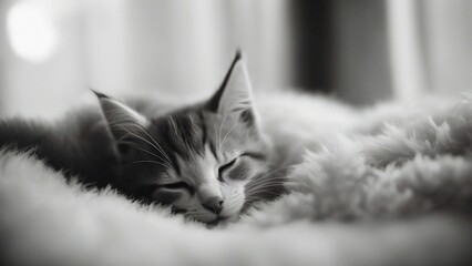 portrait of a cat black and white photo Cute little red kitten sleeps on fur white blanket 