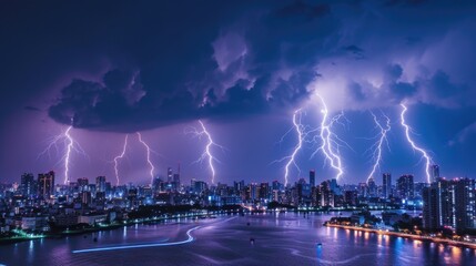 Naklejka na ściany i meble Dramatic Lightning Storm Over Urban Skyline at Night