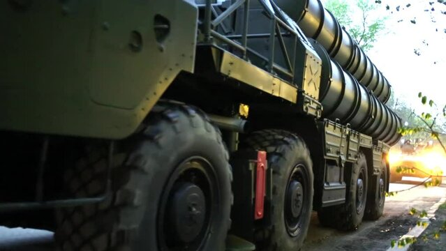 Machines C-300 - anti-aircraft missile systems ride on streets of Samara at dusk