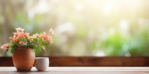 Blurred window background with flower pot and wooden table - obrazy, fototapety, plakaty