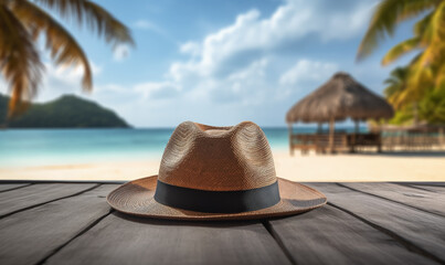 sombrero de playa sobre superficie de madera y fondo desenfocado de playa de arena dorada, mar azul, montaña y cielo azul con nubes blancas - obrazy, fototapety, plakaty