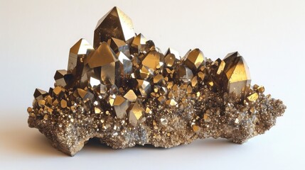 Shimmering Pyrite cluster, its golden facets sparkling brilliantly, set on a pristine white base