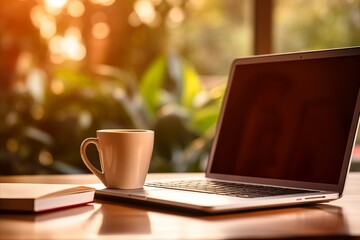 Cozy home office. laptop, documents, coffee, notebook, decor â€“ work-at-home in living room setup