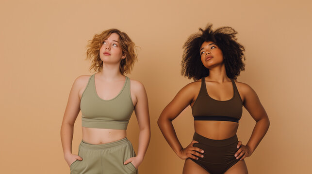 Two confident body positive young women standing in fitness clothes isolated on beige background.