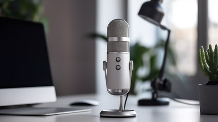 Microphone on the desk, Home studio audio recording setup, silver mic