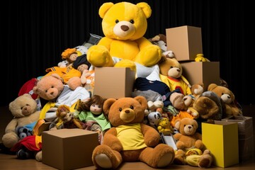 A mountain of teddy bears and toys amassed in chaos, a vivid narrative of playtime past