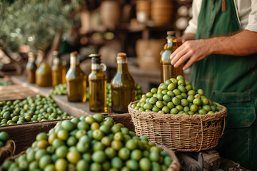 extra virgin olive oil, bottles full of olive oil, baskets full of green olives