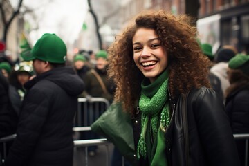 young woman on the street celebrating St. Patrick's day
