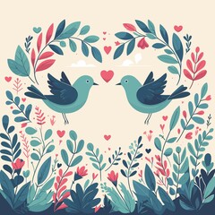 Celebrate love with this vibrant vector illustration of two lovebirds amidst a lush park, featuring flat colors for a charming Valentine's Day aesthetic.
