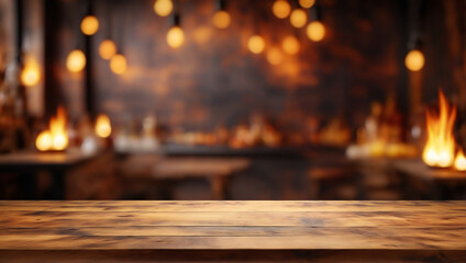 Dark wooden countertop on a blurred background of a cozy kitchen, restaurant, cafe in the process of cooking with fire - obrazy, fototapety, plakaty