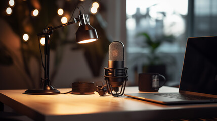 Home studio podcast setup, microphone, laptop, coffee mug, and table lamp