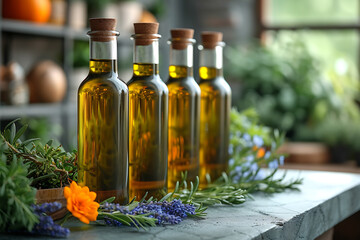 Obraz na płótnie Canvas extra virgin olive oil, bottles full of olive oil, baskets full of green olives