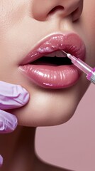 Close-up photo of a cosmetic procedure, injection on the lips of a young woman, lip augmentation, facelift, liposuction