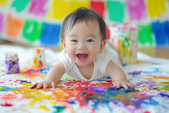 Creative asian child having fun drawing and playing with colors and painting brushes