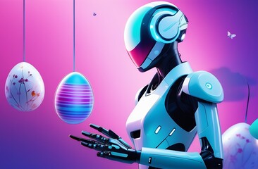 Easter card. Robot looking at Easter eggs, gradient, pink, 