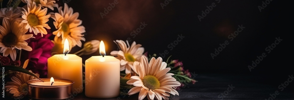 Wall mural beautiful flowers and candles on a wooden table - Wall murals