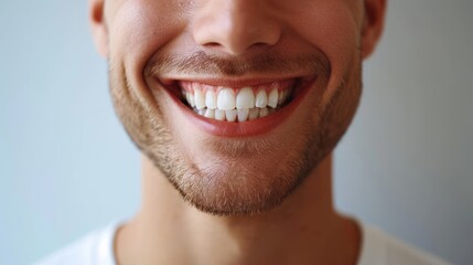 Naklejka premium Close up of smiling young man with white teeth. Dental care concept