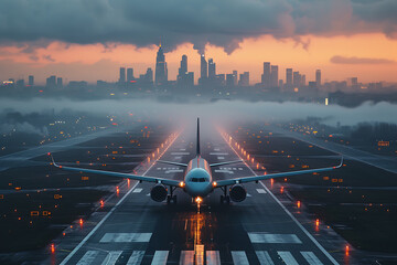 A passenger civil plane takes off on the runway
 - obrazy, fototapety, plakaty