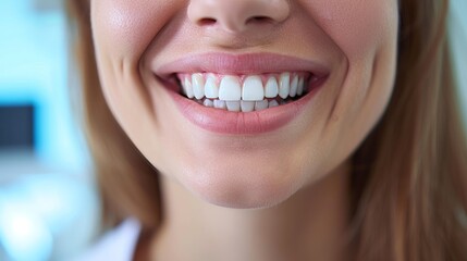 Close-up of smiling woman with healthy teeth. Dentistry concept
