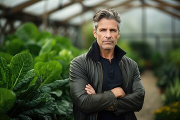 Potrait of a vegetable grower working in a large industrial greenhouse growing vegetables and herbs. Farmer