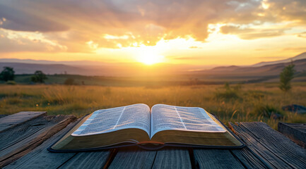 Open bible book on a wooden table at sunset with cross in front of it. Strong Christian faith - obrazy, fototapety, plakaty