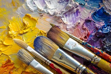 Fototapeta premium Macro shot of a painter's palette with vibrant oil paints and artist brushes 