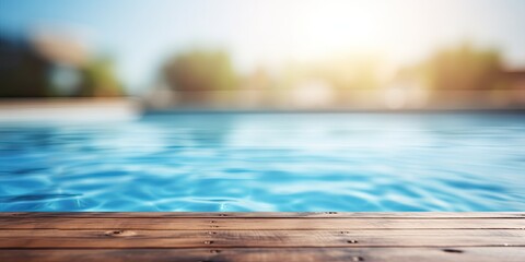 Blurred swimming pool background behind empty wooden table. - obrazy, fototapety, plakaty