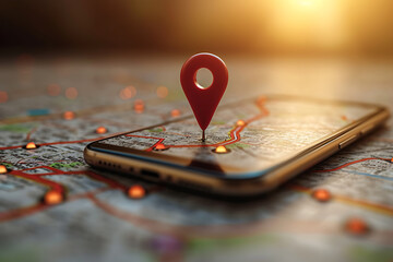 mobile phone, and the map is turned on, and a large mark points to a point on the map