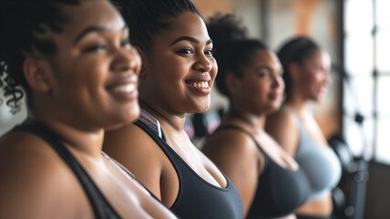 A group of overweight smiling black women in the gym - obrazy, fototapety, plakaty