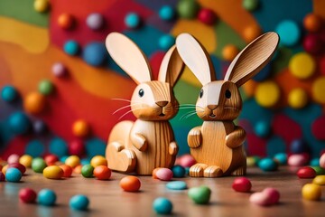 Fototapeta na wymiar Cute wooden bunny over colorful background