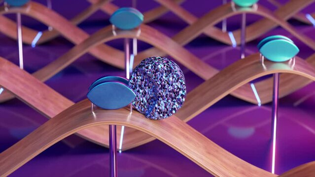A 3D animation of a glittering, textured orb navigating a wooden, wavy path under purple hues.