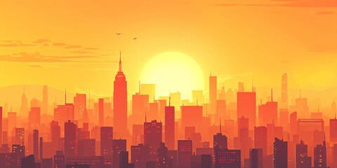 Golden Hour Glory: A Breathtaking Illustration of a Modern City Skyline Bathed in the Warm Glow of Sunset