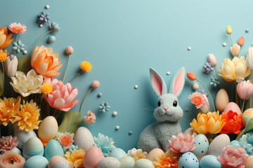 Easter poster and banner template with beautiful Easter multi-colored eggs,Easter bunny and flowers.Promotion and shopping template for Easter. Beautiful easter promotion banner.Copy space for text