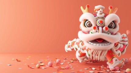 Cute 3d Chinese lunar new year background copyspace. Lion dance