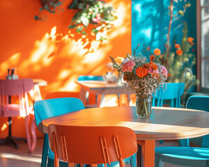 Warm tone colors with sun rays inside vivid color restaurant or coffee shop. Positive authentic atmosphere.