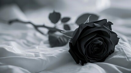 Sombre Elegance of a Black Rose on a Monochrome Bedspread 