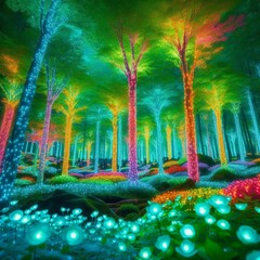 Obraz na płótnie Canvas The shimmering flower forest is filled with plants that grow in vibrant colors and naturally illuminate the night, making the forest appear as if it is floating in the air.