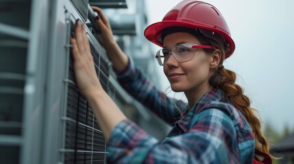 Young female HVAC engineer repairing external air conditioner unit - obrazy, fototapety, plakaty