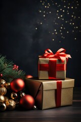 Photo of christmas decoration with gift box and text space
