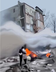 man and woman married couple hug and watch their house burn burning house fire destroyed house