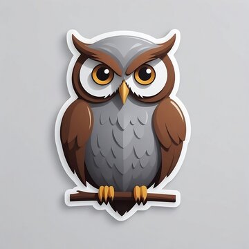 Owl on a branch. Brown owl bird sticker printable isolated logo on white background. Minimalist simple vector logo. Generative AI