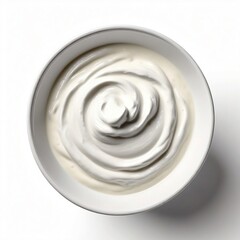 Top view of an isolated bowl of sour cream or Greek yogurt on white background. Generative AI